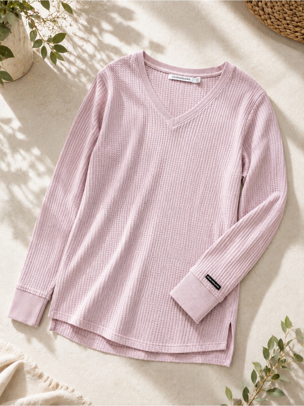 Calvin Klein Jeans Pink Waffle Knit V-Neck Long Sleeve Sweater XL